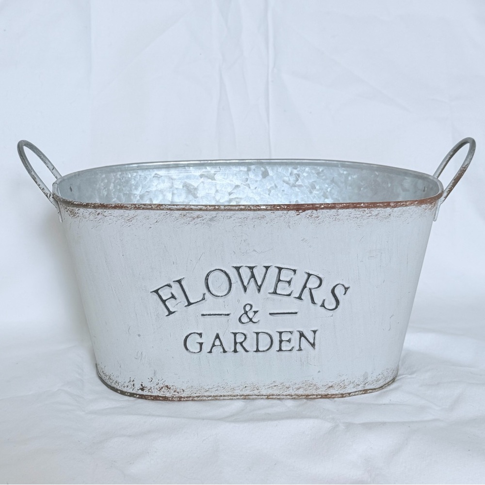 Rustic Galvanized Metal “Flowers & Garden” Oval Planter Bucket